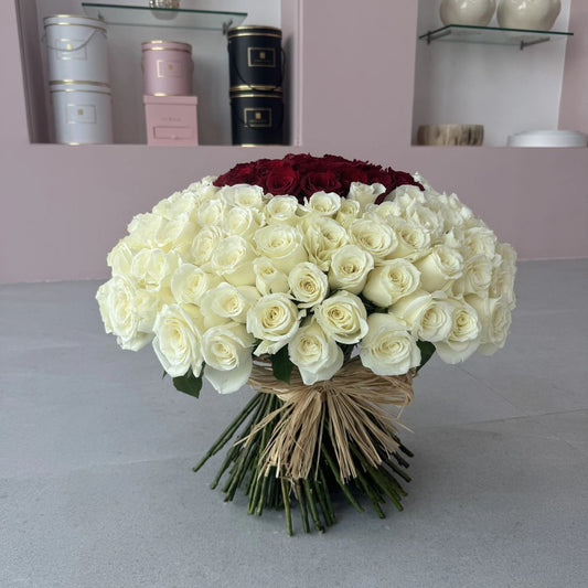 100 White Roses with a Red Center