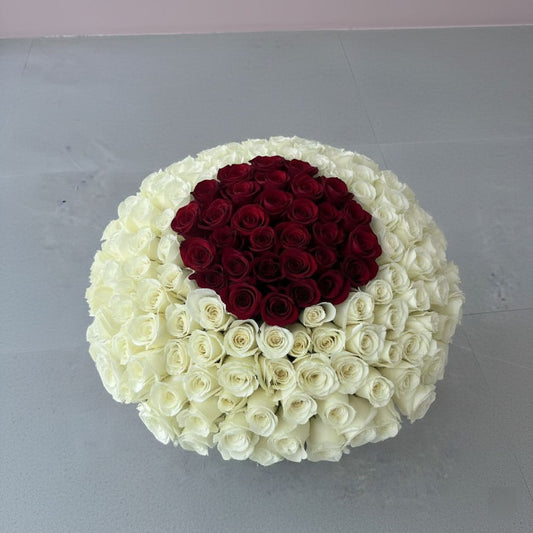 100 White Roses with a Red Center
