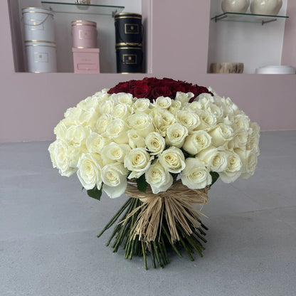 100 White Roses with a Red Center (Copy) - karazflowers.ae