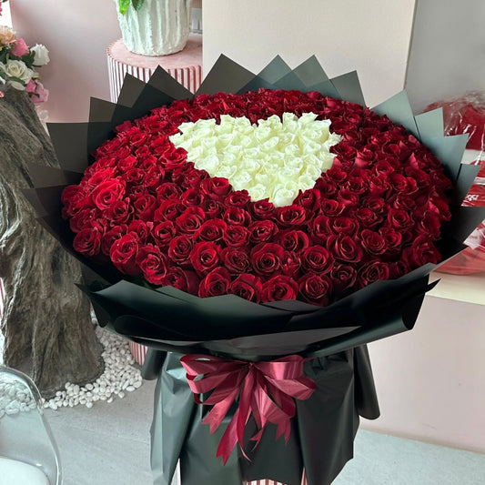 300 Red Roses with White Heart Center - karazflowers.ae