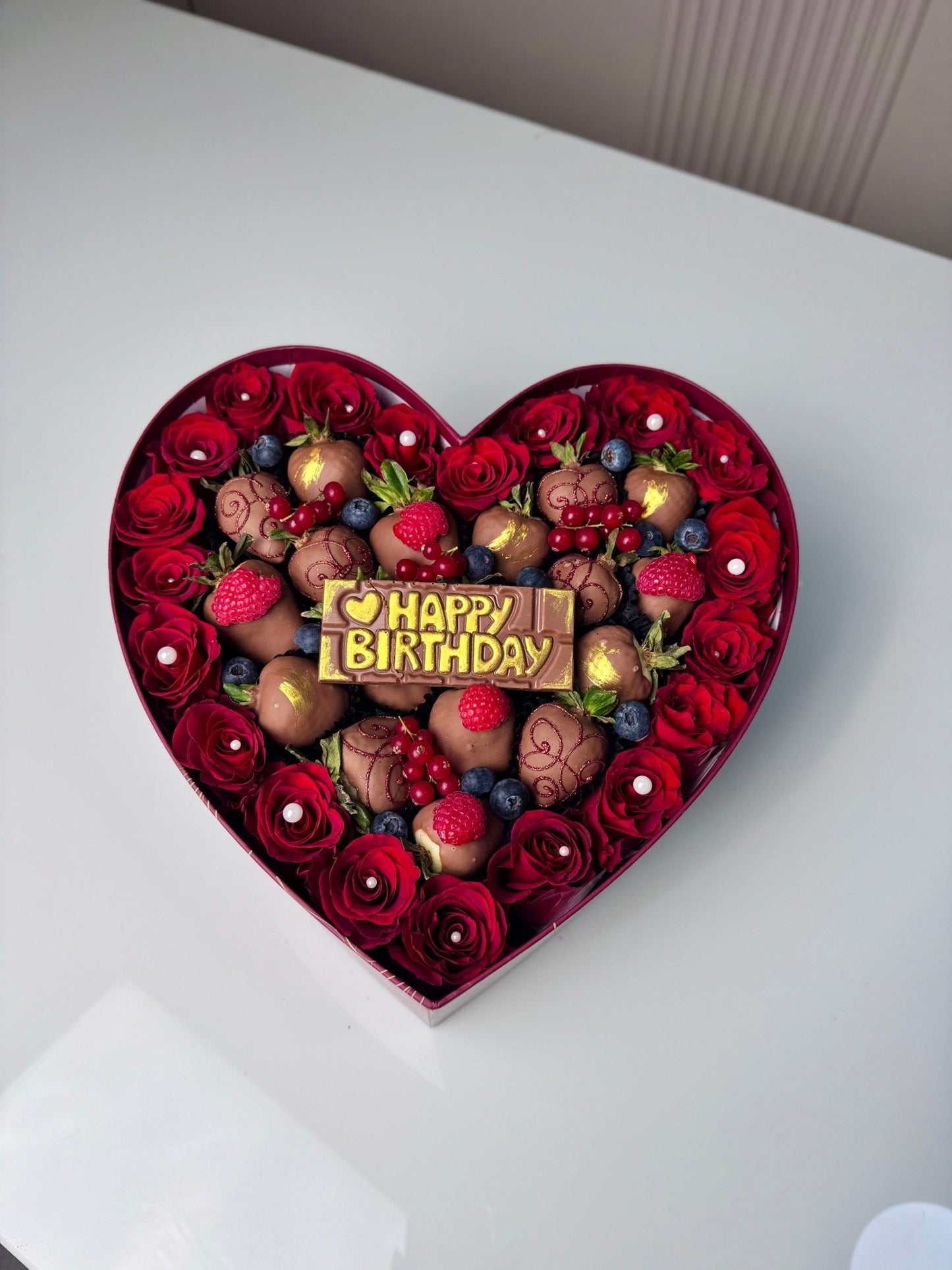 Birthday Heart Rose Box with Chocolate-Dipped Strawberries - karazflowers.ae