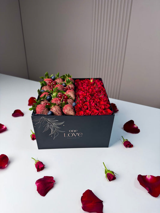 The 'One Love' Square Box | Red Roses & Chocolate Strawberries - karazflowers.ae