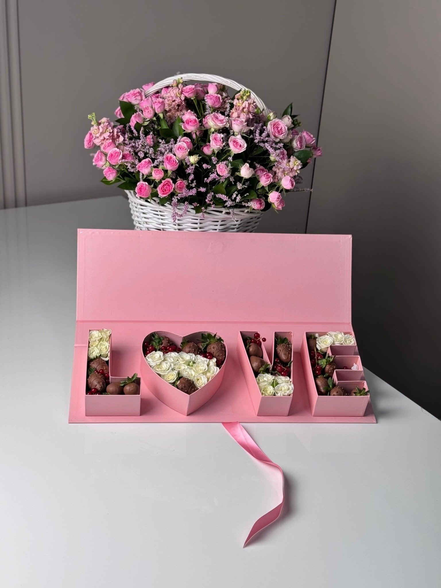 The Pink 'LOVE' Box & Flower Basket Set - karazflowers.ae