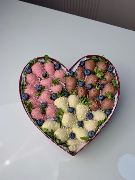 The 'Trio Love' Heart Box | Milk, White & Pink Chocolate Strawberries - karazflowers.ae